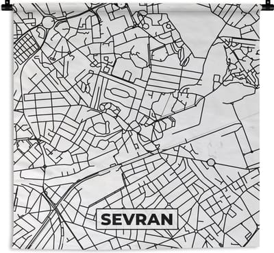 Wandkleed - Wanddoek - Plattegrond - Kaart - Frankrijk - Stadskaart - Sevran - Zwart wit - 180x180 cm - Wandtapijt