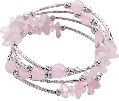 Edelstenen armband Four Loops Rose Quartz - roze - zilver - rozenkwarts - wikkelarmband - luxe sieraden zakje - roze armband - edelstenen armband dames