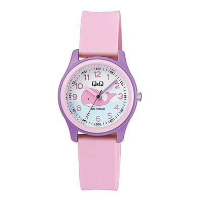 Q&Q VS59J001Y - Horloge - Sport - Analoog - Kinderen - Unisex - Plastic band - Rond - Kunststof - Cijfers - Walvis - Roze - Paars - Wit - Blauw - Wit - 10 ATM