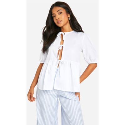 boohoo Dames Petite Top met Tie-Front, Volumemouwen en Katoen | Wit | Maat: 36
