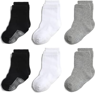 Babysokken - 6 Paar - Antislip Sokken Kind Baby - Katoen - Maat M: 12-14cm (1-3 jaar) - Baby Antislip Sokken - Antislip Sokken voor Baby’s/Kinderen - Effen - Voor Baby's Peuter - Zwart, wit, grijs