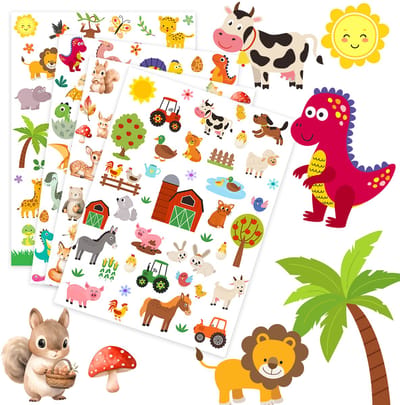 Stickervellen Dieren - 4 Grote Stickervellen - Boerderij, Dino's, Jungle en Bosdiertjes Stickers