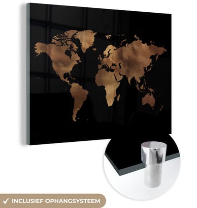® Glasschilderij 120x90 cm - Schilderij acrylglas - Wereldkaart - Bruin - Zwart - Foto op glas - Muurdecoratie woonkamer - Wanddecoratie slaapkamer - Schilderijen