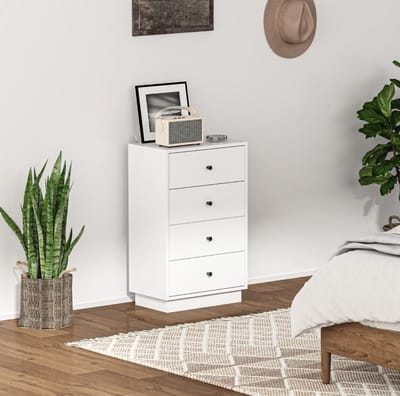 MEUNIQ kommode met 4 lades, dressoir en opbergkast 47 x 29 x 75 cm, wit, met bovenblad en anti-kantelvoorziening, voor slaapkamer woonkamer of hal