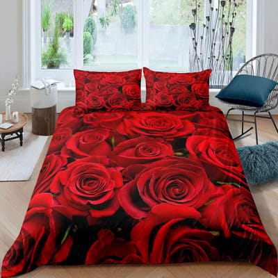 Rode Roos Dekbedovertrek Set Roos Bloemenprint Beddengoed Set Romantische Frisse Stijl King Size Dekbedovertrek met Kussenslopen voor Geliefden 200x200cm 3pcs