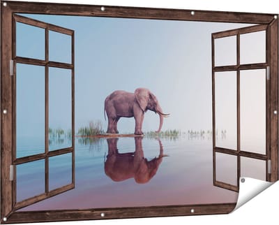 Gards Tuinposter Doorkijk Olifant bij het Water - 150x100 cm - Tuindoek - Tuindecoratie - Wanddecoratie buiten - Tuinschilderij