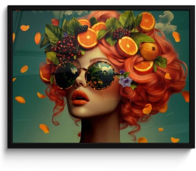 Poster in lijst - Fotolijst 70x50 cm - Posters - Vrouw - Sinaasappel - Bessen - Oranje - Posterlijst zwart - Decoratie - Wanddecoratie woonkamer - Muurdecoratie slaapkamer
