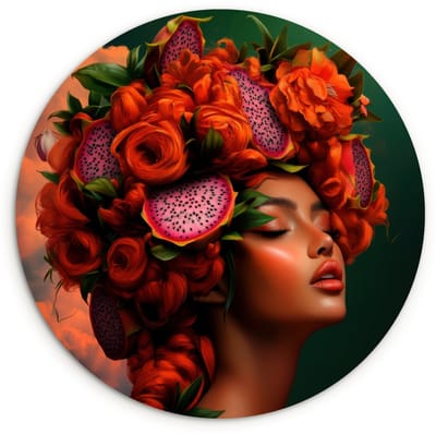 WallCircle® Wandcirkel 120x120 cm - Muurcirkel Vrouw - Drankenfruit - Rozen - Muurdecoratie woonkamer - Wanddecoratie slaapkamer - Kamer decoratie accessoires - Ronde schilderijen XXL