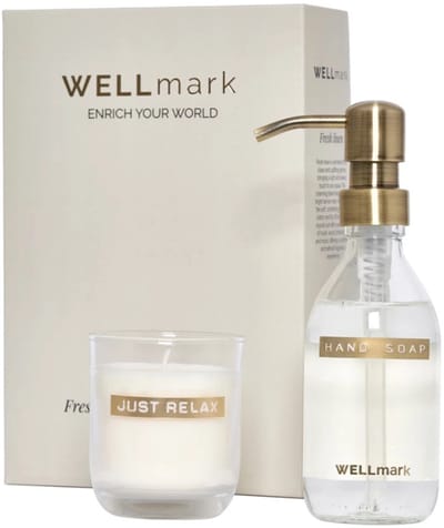 Wellmark giftbox Discover: handzeep 'bring out the bubbles' + kaars helder / brass dark - fresh linen