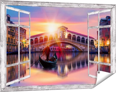 Gards Tuinposter Doorkijk Gondel bij de Rialtobrug in Venetië, Italië - 120x80 cm - Tuindoek - Tuindecoratie - Wanddecoratie buiten - Tuinschilderij