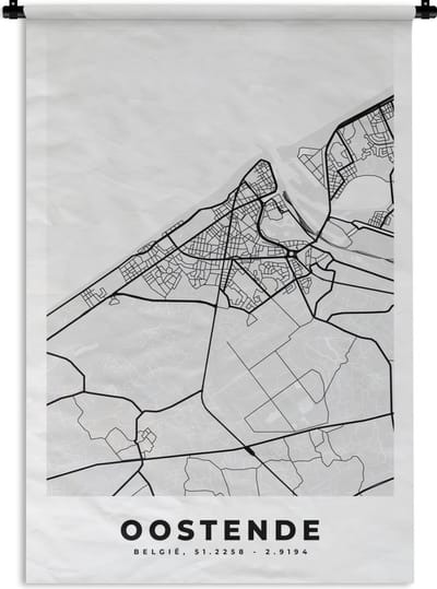 Wandkleed - Wanddoek - België – Oostende – Stadskaart – Kaart – Zwart Wit – Plattegrond - 120x180 cm - Wandtapijt