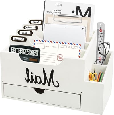 Houten Bureau Organizer met 6 Compartimenten en Lade voor Papieren, Mappen en Kantoorbenodigdheden, Ideaal voor een Opgeruimd Bureau