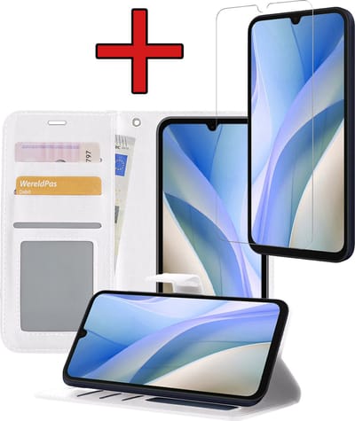 Hoesje - Met Screenprotector - Geschikt voor Samsung Galaxy A15 - Luxe Pasjeshouder - Flipcase - Bookcase Portemonee - Flip Case - Kunstleer Book Case - Book Cover - Walletcase - Portemonneehoes - Telefoonhoes - Wit