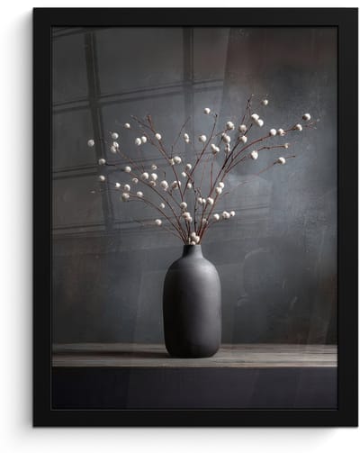 Poster in lijst - Fotolijst 30x40 cm - Posters - Takken - Vaas - Bolletjes - Wit - Posterlijst zwart - Decoratie - Wanddecoratie woonkamer - Muurdecoratie slaapkamer