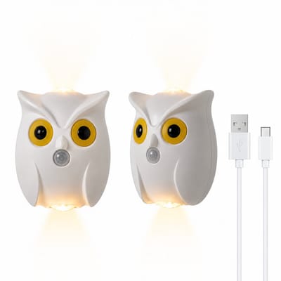 Uil Wandlamp met Sensor - Set van 2 - Type-C Oplaadbaar - 3 Kleurstanden - Magnetische Wandbevestiging - Dimbaar - Draadloze Sfeerlamp voor Gang & Slaapkamer - 9x7.8cm - Wit