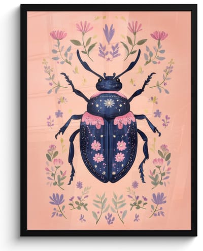 Poster in lijst - Fotolijst 60x80 cm - Posters - Kever - Donkerblauw - Bloemen - Sierlijk - Posterlijst zwart - Decoratie - Wanddecoratie woonkamer - Muurdecoratie slaapkamer