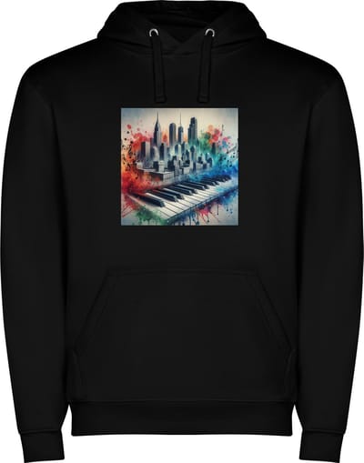 Zwarte unisex hoodie met “ Kleurrijke Keyboard – Muziek – Skyline “ Print Full Color merk Roly maat XL
