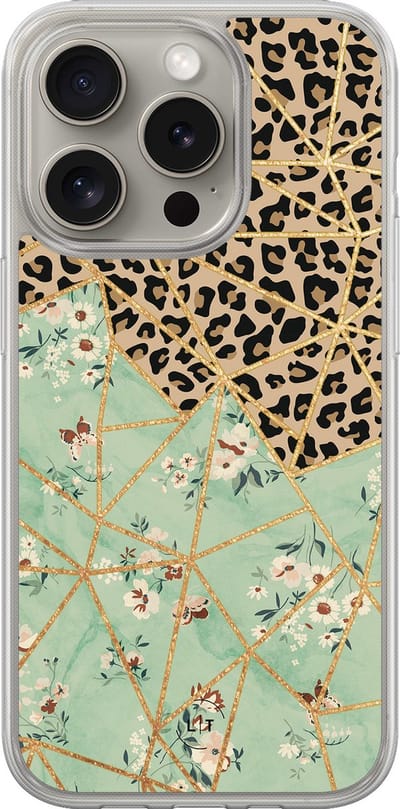 Hoesje geschikt voor iPhone 15 Pro Max - Luipaard bloemen print - 2in1 backcover - Print / Illustratie - Groen - Leuke Telefoonhoesjes