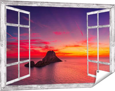 Gards Tuinposter Doorkijk Ibiza Rotsen Eiland bij Zonsondergang - 120x80 cm - Tuindoek - Tuindecoratie - Wanddecoratie buiten - Tuinschilderij