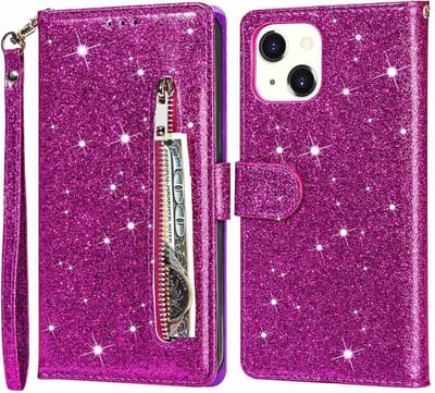 Portemonnee Hoesje - Wallet Case - Rits Sparkly Glitter - Telefoonhoes met Kord Geschikt voor: Apple iPhone 15 Plus - Paars