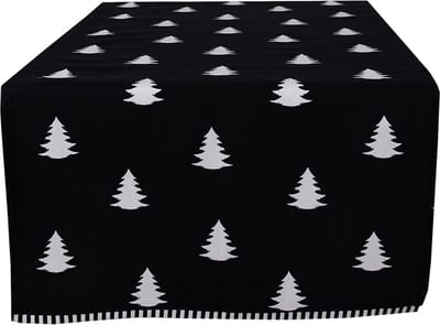 Clayre & Eef Tafelloper Kerst 50x140 cm Zwart Wit Katoen Kerstbomen