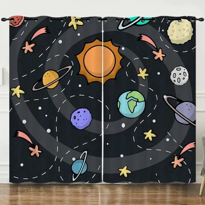 Kinderen Jongens Raamgordijn Melkweg Heelal Speelkamer Astronaut Planeet Thema Astronaut Cartoon Gordijnen voor Slaapkamer Woonkamer W50xH130(CM)x2pcs&Grommet Top