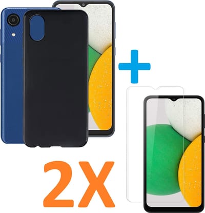 Silicone hoesje zwart met 2 Pack Tempered glas Screen Protector Geschikt voor: Samsung Galaxy A03 Core