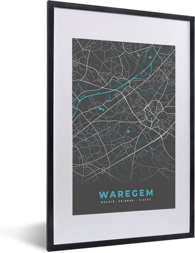 Fotolijst incl. Poster - België – Waregem – Stadskaart – Kaart – Blauw – Plattegrond - 40x60 cm - Posterlijst