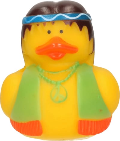 Badeendje - flower power hippie - geel met groen-oranje vestje - 5 cm