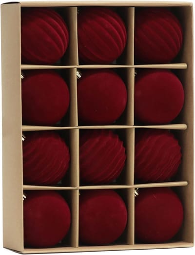 12 Stuks Fluwelen Kerstballen 8cm Rood Flocked Shatterproof Versiering voor Kerstboom en Feestdecoratie (3 Stijlen)