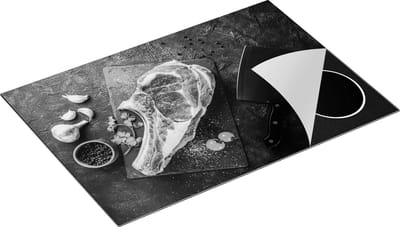 Chefcare Inductie Beschermer Vlees met een Mes op een Marmeren Plaat - Zwart Wit - 75x50 cm - Afdekplaat Inductie - Kookplaat Beschermer - Inductie Mat
