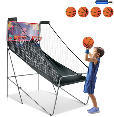 COSTWAY 8-in-1 basketbalautomaat, elektrische basketbalstandaard, inklapbaar, schietmachine met 4 ballen, luchtpomp en 8 speelmodi, Arcade basketbalwedstrijden voor kinderen, voor 2 spelers