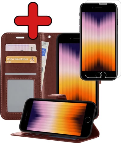 Hoesje - Met Screenprotector - Geschikt voor Apple iPhone SE (2022) - Luxe Pasjeshouder - Flipcase - Bookcase Portemonee - Flip Case - Kunstleer Book Case - Book Cover - Walletcase - Portemonneehoes - Telefoonhoes - Bruin