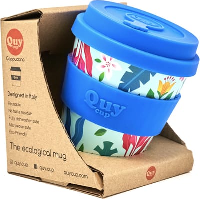 Quy Cup 230ml Ecologische Reis Beker - "Flower" - BPA Vrij - Gemaakt van Gerecyclede Pet Flessen met Blauw Siliconen deksel