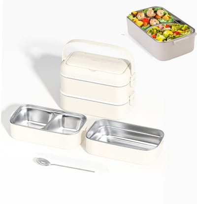 KZQ 2-laagse roestvrijstalen bento box lekbestendig stapelbaar lunchbox voor volwassenen en kinderen school picknick werk crèmewit