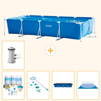 Intex Rechthoekig Frame Zwembad - 450 x 220 x 84 cm - Blauw - Inclusief Onderhoudspakket - Schoonmaakset - Afdekzeil - Grondzeil - Zwembadfilterpomp - 6-delig