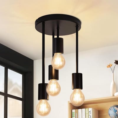 NETTLIFE Plafondlamp 4xE27 - zwart - vintage - metaal - rond - industriële keukenlamp - 17.5cm - voor keuken hal slaapkamer woonkamer bar - zonder lampen