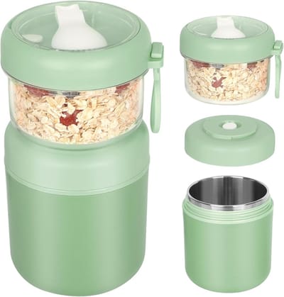 VHV - Yoghurt beker - Yoghurt beker to go - Broodtrommel - Lunchbox - Brooddoos - Ontbijtbox - Mueslibox - Grote roestvrijstalen meeneem-mueslibak - 530 ml + 330 ml - Draagbare lekvrije mueslibak - Groen