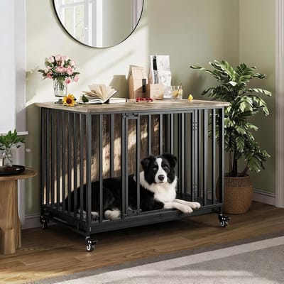 Hondenbench van 39 inch – Stevige houten hondenbench voor grote honden – met uitneembare bak – Stevige hondenbench met vergrendelbare wielen en deur – 98×74×65 cm – Grijs