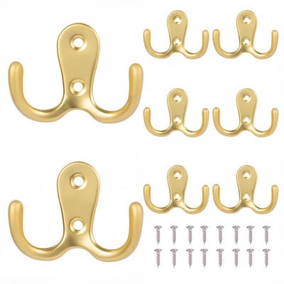 Vintage Kledinghaken Pakket van 8 Metalen Jashaken Dubbele Gaten Muurhaken Jashaken voor Badkamer Toilet Badkamer Keuken (Goud)
