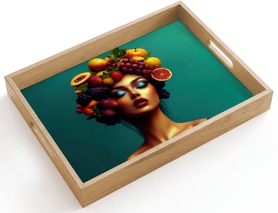 Dienblad hout 40x30 cm - Schootdienblad - Vrouw - Hoodtooi - Tropisch - Fruit - Druiven - Borrelplank rechthoek - Plateau dienbladen