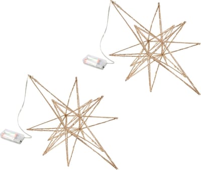 Verlichte kerststerren - 2x stuks - goud - kunststof - 36 cm - op batt