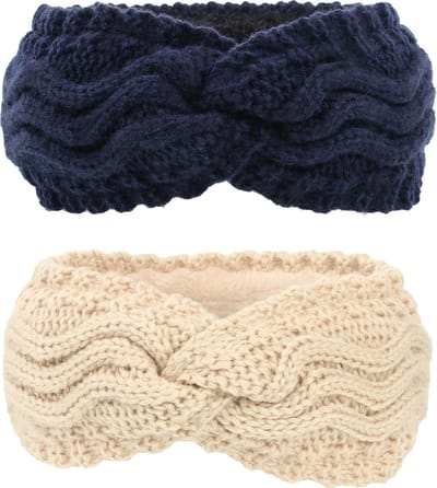 2 Stuks Kabelgebreide Dames Oorwarmers – Beige & Navy – Met Fleece Voering