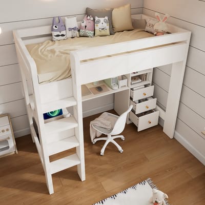 MODENUIT Hoogslaper 90x200 cm – Eenpersoonsbed met L-vormig bureau – 3 laden en 3 vakken – Zonder matras – Wit