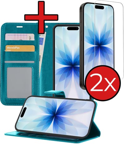 Hoesje - Met 2x Screenprotector - Geschikt voor Apple iPhone 17 - Luxe Pasjeshouder - Flip Case - Bookcase Portemonee - Kunstleer Book Case - Flipcase Hoes - Book Cover - Walletcase - Portemonneehoes - Telefoonhoes - Turquoise