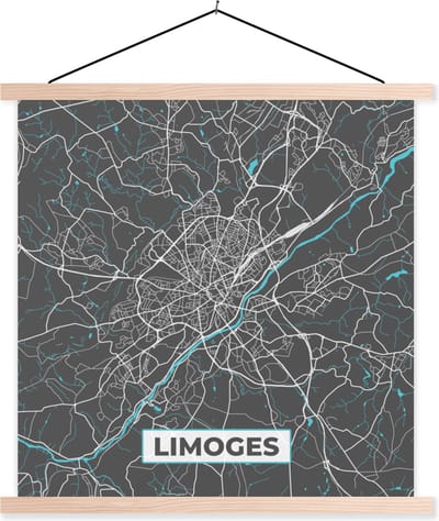 Posterhanger incl. Poster 40x40 cm - Schoolplaat - Limoges - Frankrijk - Kaart - Stadskaart - Plattegrond - Textielposter - Blanke latten - Stadskaart
