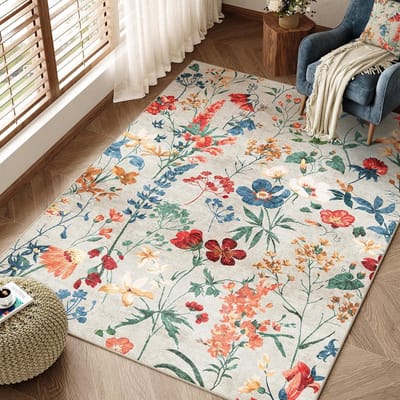 Azomor® Wasbaar beige tapijt met bloemenmotief voor diverse woonruimtes
