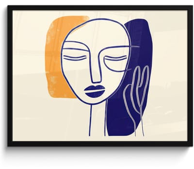 Poster in lijst - Fotolijst 80x60 cm - Posters - Minimalistisch - Gezicht - Hand - Oranje - Blauw - Posterlijst zwart - Decoratie - Wanddecoratie woonkamer - Muurdecoratie slaapkamer