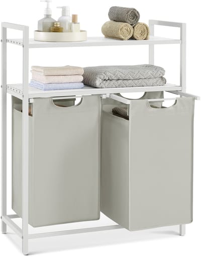 VASAGLE - Wasmand - Wassorteerder - 2 Vakken - 2 Planken - Uittrekbare en Afneembare Waszak - 92 L