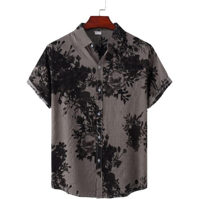 Chemise d'été pour hommes, imprimé floral vintage, col rabattu, simple boutonnage, manches courtes, cardigan ample, boutons, haut mi-long L kaki